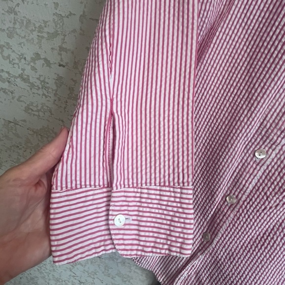 L.L. Bean Searsucker Red and White Striped Shirt Size Medium Coastal Nautical - Picture 3 of 15